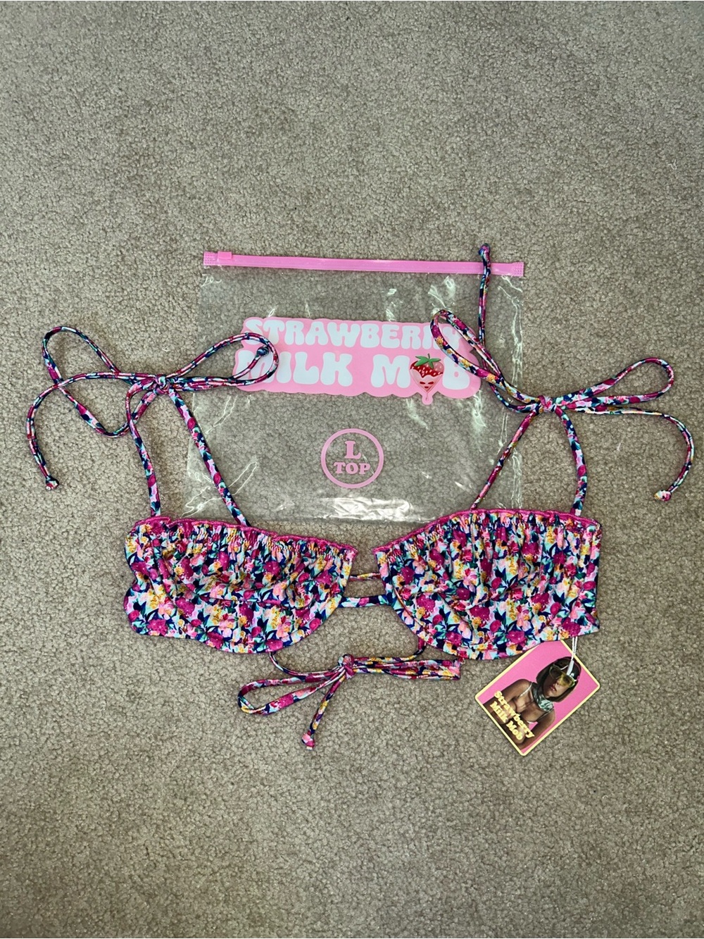 Strawberry Milk Mob Pink Multicolor Floral Bikini Top